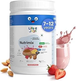 Little Joys Nutrimix Nutrition Powder 350g | 7-12 Years | No Refined Sugar | Supports Healthy Growth & Boosts Immunity | With Ragi, Bajra, Almonds, Peas & Oats | Strawberry Flavour