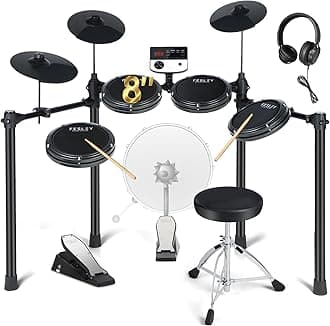 Fesley Electric Drum Set: 5 Drums 3 Cymbals with 4 Quiet Mesh Drum Pads, Electronic Drum Set for Beginner Adult, E Drum Kit with Throne, Headphone, Drumsticks, USB MIDI, Intelligent Sound Module