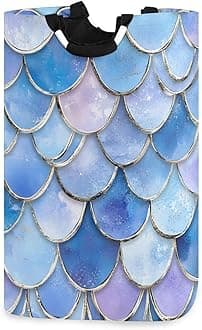xigua Watercolor Mermaid Scales Large Laundry Hamper with Handle, Foldable Clothes Hamper Collapsible Storage Basket for Toys and Clothes Organization in Bedroom, Bathroom, and Laundry Room