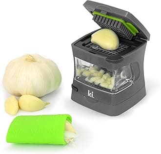 Garlic-A-Peel Garlic Press, Crusher, Cutter, Mincer, and Storage Container - Includes Silicone Garlic Peeler - Easy to Clean - Stainless Steel Blades – (Grey), standard