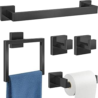 5-Piece Bathroom Hardware Accessories Set, Towel Racks for Bathroom Wall Mounted Stainless Steel, Matte Black Towel Bar Set 16In