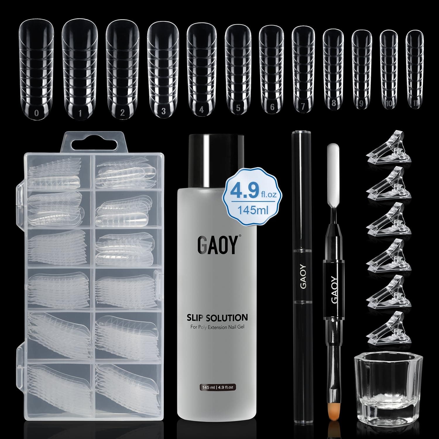 GAOY Slip Solution Kit for Poly Gel Nails, 145ml Nail Extension Gel Liquid Solution, Anti-stick Liquid with Brush and Dual Forms for Nail Art DIY