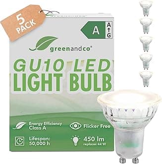 greenandco 5 x LED spotlights, GU10, 2.5 W, 450 lm, 6500 K, cold white, 100°, 230 V, flicker-free, energy efficiency class A, not dimmable