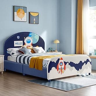 Twin Bed Frames for Kids, Wood Upholstered Twin Bed Platform with Slat Support, Padded Headboard&Footboard, No Box Spring Needed, Easy Assembly, Fits Standard Twin Mattress (Astronaut)