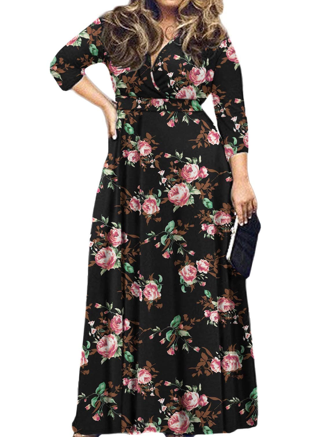 POSESHE Women's Solid V-Neck 3/4 Sleeve Plus Size Evening Party Maxi Dress