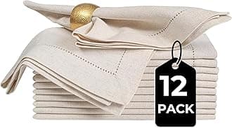 Linen Flax Cotton Cloth Dinner Napkins Set of 12 – 20x20 Natural Hemstitched Fabric – Machine Washable Elegant Reusable Table Napkins for Weddings, Parties & Dining Décor