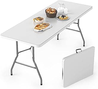 6FT Folding Table, Plastic Foldable Table for Indoor Outdoor, Heavy Duty Portable Dinning Tables with Carrying Handle, Utility Tables for Party, Camping, Banquet, Wedding, Events, Picnic, White
