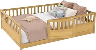 Full Floor Bed with Slats, Full Size Floor Beds with High Fence and Door, Montessori Floor Bed Frame, No Box Spring Needed, Easy Assemble Montessori Bed, Natural