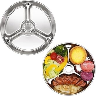 Korean Stainless Steel Divided Plates for Toddlers, Kids, Babies, 8-Inch, Premium 304, Electro-Polished, No Black Residue, BPA-Free, Round 3-Compartment Food Tray, Camping, Diet Control, Set of 2