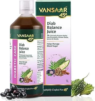 Vansaar 45+ Diab Balance Juice, 1L | Ayurvedic Diabetic Care Juice for 45+ Adults | Karela, Jamun, Neem, Paneer Doda, Cinnamon, & 9 more natural herbs | Manages Blood Sugar & Insulin Level