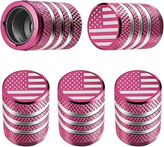 Tire Valve Stem Cap Cover - (5 Pack) Tire Air Cap Metal with Plastic Liner Corrosion Resistant Leak-Proof American Flag for Car Truck Motorcycle Bike Pink