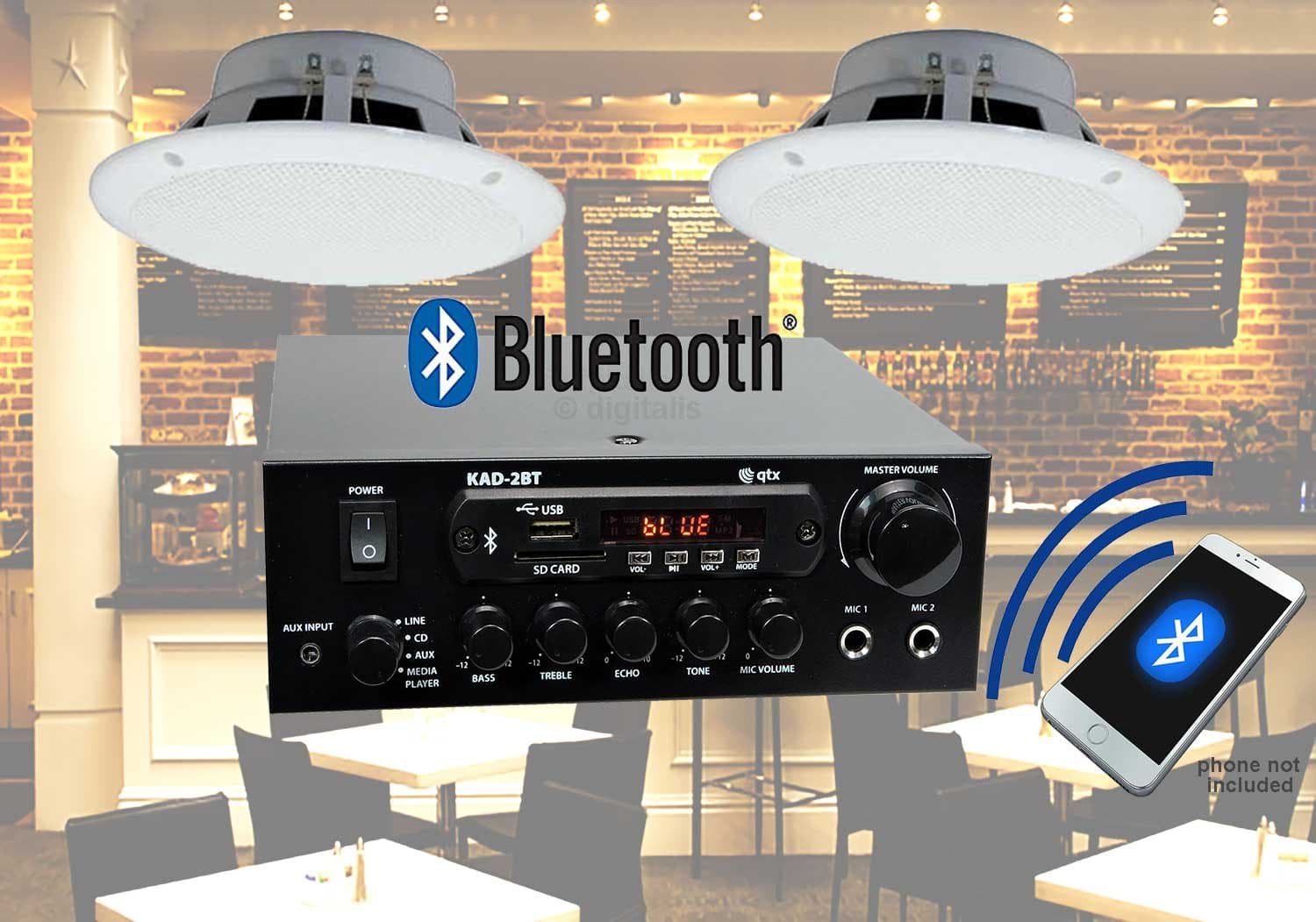 Cafe Restaurant Bluetooth Amplifier and 2 Waterproof Ceiling Speaker System by Digitalis Audio (2 Speaker Set with 10m Cable)