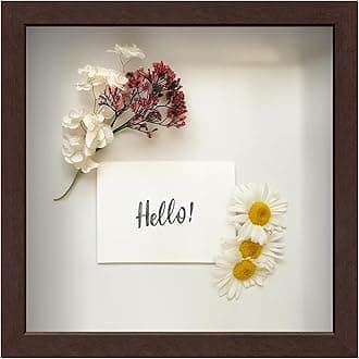 FrameWorks 11' x 11' Mahogany Wooden Shadow Box Frame Display Case with Soft Felt Back, Tempered Glass, Elegant White Ball Push Pins