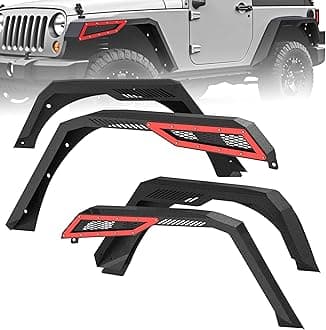 OEDRO Front & Rear Fender Flares Compatible with 2007-2018 Jeep Wrangler JK & JKU Unlimited(2-Door & 4-Door), Textured Black & Red Off-Road Metal Steel Wheel Flares 4 PCS Set
