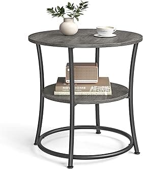 21.7-Inch Round Side Table, 2-Tier End Table, Nightstand with Steel Frame, Spacious Top, for Small Spaces, Living Room, Bedroom, Misty Gray and Ink Black ULET056G68