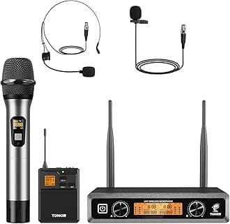 TONOR Wireless Microphones System with Metal Cordless UHF 1 Handheld and 1 Headset/Lavalier Lapel Mics, Bodypack Transmitter, Receiver, 2*5 Channels 60 m Range for Karaoke Church Singing Party TW821