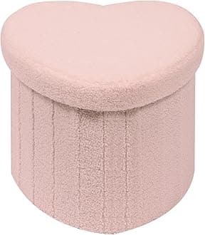 Bonlife Pink Boucle Ottoman with Storage,Foldable Footstool for living room,Toy Chest,Storage Seat,Teddy Heart Shape Footrest,38X38X32cm