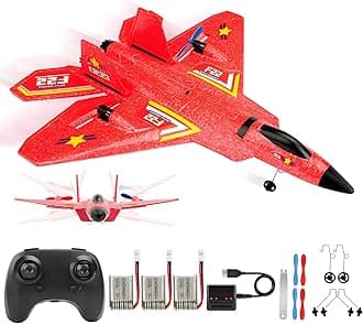 Remote Control Plane F-22 Raptor, 2.4GHz Durable Foam Rc Airplane with Smart Gyro/LED Lights/3 Rechargeable Batteries, RC Jet Glider Toy Gift for Kids Boys Girls 8-16 Year Old (Red)