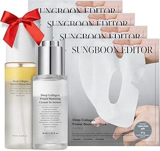 SUNGBOON EDITOR Collagen Boosting TRIO: Deep Collagen Mask (4ea) & Serum Mist & Cream in Serum, Best Korean Glow Mist Care Set, Skincare Gift Sets for Mom