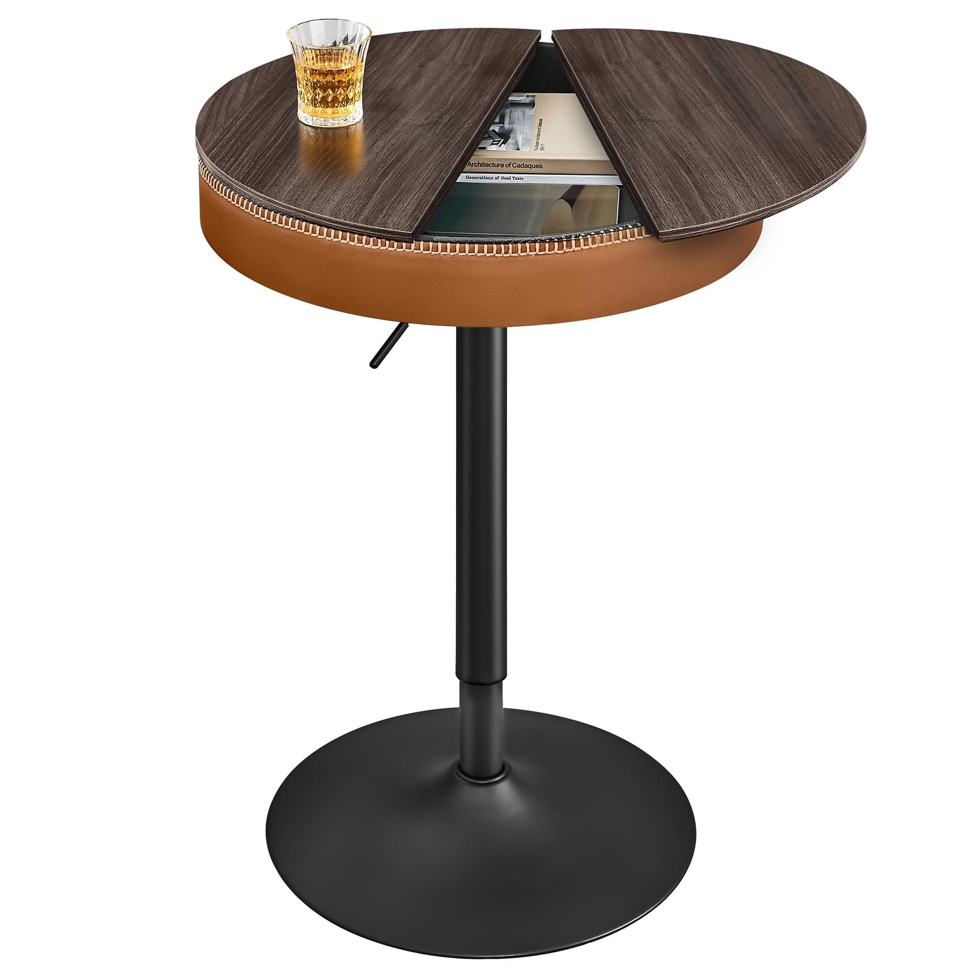 VASAGLE EKHO Collection - Height Adjustable Bar Table, Round High Pub Table with Storage, Synthetic Leather with Stitching, Mid-Century Modern, Kitchen Home Bar, Ash Brown and Caramel Brown