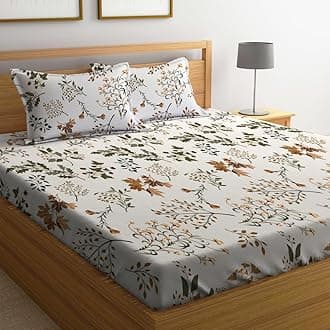 LOOMLYFE 300 TC Cotton Feel Glace Cotton Elastic Fitted Printed King Size Double Bed Bedsheet with 2 Pillow Covers Fits Upto 8 inches Mattress, Size- 72X78 Inches, WhiteMaple