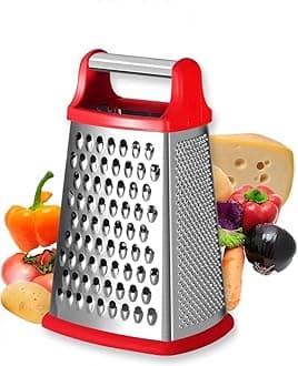 Eitonbu Multifunctional Stainless Steel Grater Slicer with Handle, Large 4 Sides Cutter for Ginger, Garlic, Cucumbers, Carrots, Cheese, Potato，Dishwasher Safe （Red）