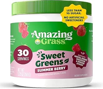 Amazing Grass Sweet Greens and Superfoods Powder for Digestive Health, Greens Powder, Digestive Enzymes, Probiotics, Spirulina, Chlorella, Summer Berry, 30 Servings