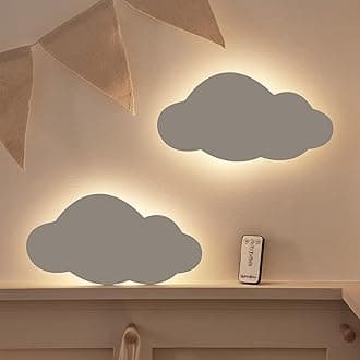 Lights4fun, Inc. Set of 2 Cloud Wall Night Lights Rechargeable Battery Operated 18 LED Kid's Bedroom Decoration with Timer Dimming Function & Remote Control