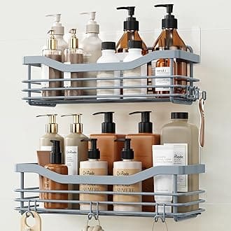 Orimade Shower Caddy Basket Shelf Storage Rack, No Drilling Wall Mounted Adhesive Rust Proof Stainless Steel Shower Organizer with 5 Hooks for Bathroom, Grey 2 Pack