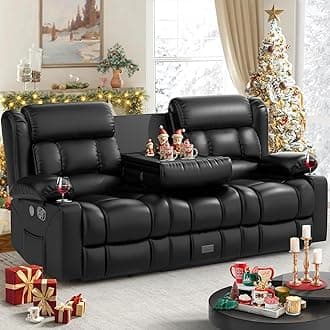 Dresegmt Loveseat Recliner Sofa, Flip Middle Backrest Design PU Leather 3 Seat Reclining Sofa with Storage Drawer, Manual Couch for Living Room/RV (Black, PU)