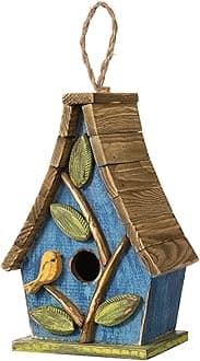Glitzhome Hanging Bird House for Outdoor, 9.5"H Decorative Pet Cottage Distressed Wooden Bird House with Natural Wood Slatted Roof and 3D Tree for Bluebird Swallow Sparrow Finch Cardinals,Washed Blue