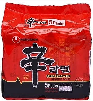 Nongshim Korean Noodles Shin Ramyun Soup Pack of 5 x 120g - Korean Food Instant Ramyun Halal