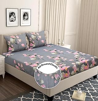 Premium Cotton Elastic Fitted Bedsheets with 2 King Size Pillow Covers | Double Bed with All Around Elastic 180 TC Supersoft | Size - 72 King Sizex78+10 inches | Pink & Grey