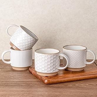 GBHOME 15OZ Stackable Coffee Mugs, Ceramic Texture Patterns for Man, Woman, Dad, Mom - Modern Set of 4 for Latte/Cappuccino/Cocoa. Dishwasher & Microwave Safe, Off White