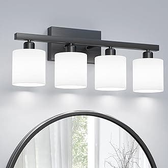 PARTPHONER Bathroom Light Fixtures, Bathroom Lighting Fixtures Over Mirror, Interior Classic Vanity Lights, Modern Vanity Light with Textured White Glass Shade, Matte Black, 4-Light