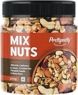 PrettyNutty Healthy Nutmix 100g, Dried Almonds, Black Raisins, Cashewnuts, Cranberries, Green Raisins & Many More.