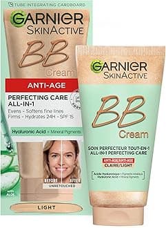 Garnier SkinActive Anti-Age BB Cream, Shade Light, Tinted Moisturiser SPF 15, Softens Fine Lines & Firms Skin, With Hyaluronic Acid, Aloe & Mineral Pigments, 50 ml