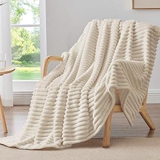 Fleece Throw Blanket for Couch - 300GSM Soft & Warm Fluffy Beige Blanket, Decorative and Giftable Striped Blankets for Women, Men, 50"x60"