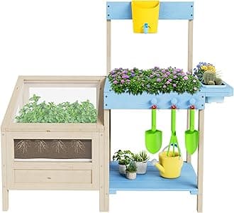 Outdoor Garden Potting Bench Table All-Weather Garden Table Work Station with Transparent Planter Box Raised Garden Bed 3 Side Plant Pots and Storage Shelf for Lawn Garden