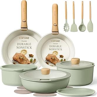 CAROTE Pots and Pans Set, Nonstick Cookware Set Detachable Handle, 15pcs Induction Kitchen Cookware Sets Non Stick with Removable Handle, RV Cookware Set, Oven Safe, Sage Green