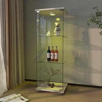 Modern Glass Display Cabinet 3-Shelf with LED Light, Lock and Wheels, 1 Door Curio Cabinets, Tempered Glass Collection Display Showcase for Living Room Home Office,White