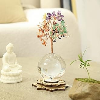 Seven Chakra Tree of Life Decor for Spiritual Gifts, Reiki Healing Crystals Luck Money Tree with Crystal Ball and LED Lighted Zen Base, Feng Shui Decor for Home Office Shelf Desk