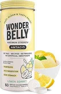 Wonderbelly Antacid, Effective Heartburn and Instant Acid Indigestion Relief, Extra Strength Chewable Tablets, 1000 mg Calcium Carbonate, No Talc or Dye, Lemon Sorbet, 60 Count
