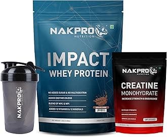 - NAKPRO NUTRITION Impact Whey Protein Supplement Powder Combo (1 kg with 100g Creatine & Shaker, Chocolate)