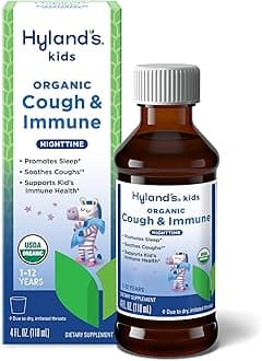 Hyland's Kids Nighttime Organic Cough Syrup and Immune Support with Agave, Elderberry and Pomegranate, Soothes Cough, and Supports Immunity, 4 Fl. Oz.