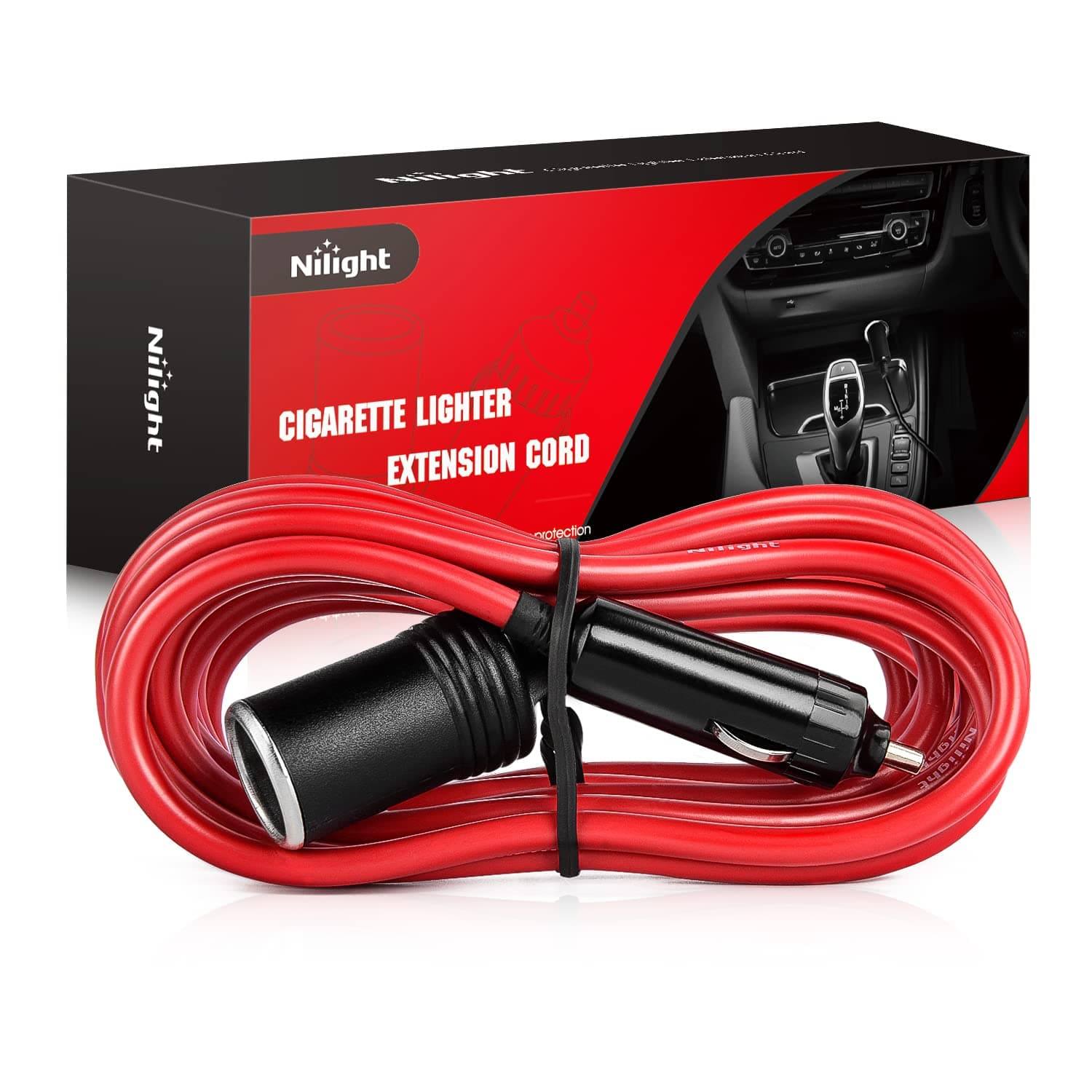 Nilight 10003W 14 Ft Male-to-Female Extension Cord Cable Heavy Duty 12V/24V Car Charger with Cigarette Lighter Socket,2 Years Warranty, red