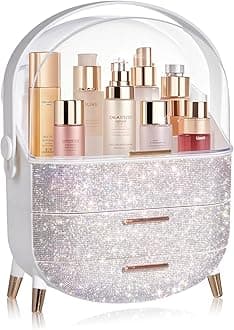 MASSY Egg Shape(Oval) Makeup Storage Box, Countertop Portable Vanity Cosmetics Organizer Preppy Style (Rhinestone White)