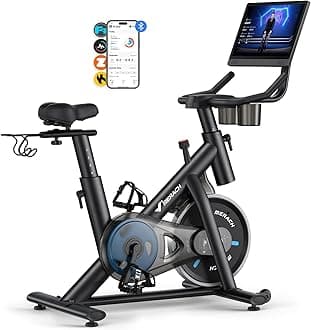 MERACH Exercise Bike, Magnetic Resistance Stationary Bike with Screen, 300lbs Indoor Cycling Bike with Exclusive App, Comfortable Bike Seat, Tablet Mount and Fitness Courses for Weight Loss