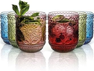Glass Cups, Vintage Glassware Drinking Glass Set of 6, 12oz Colored Glassware with Sunflower Design, Embossed Floral Decorative Glasses Drinking Set for Cocktail, Wine, Vintage Drinking Glasses