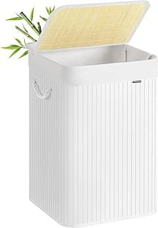 SONGMICS 95 L Laundry Basket, Dirty Laundry Basket, Lid, Bamboo, Handles, Foldable, Removable Machine Washable Bag, for Laundry Room, Bedroom, White LCB060W01